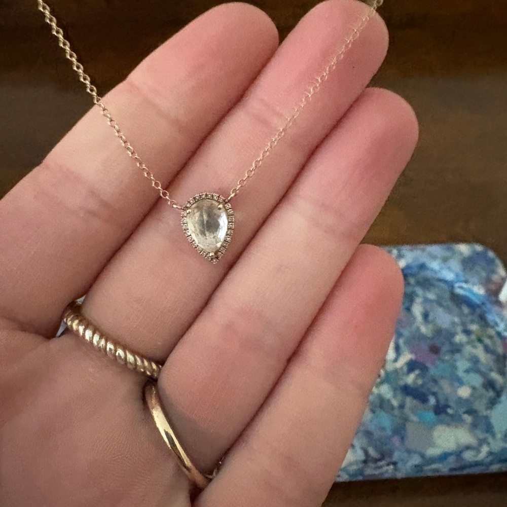 Elegant Gold Diamond & Clear Quartz Teardrop Pendant Chain Necklace
